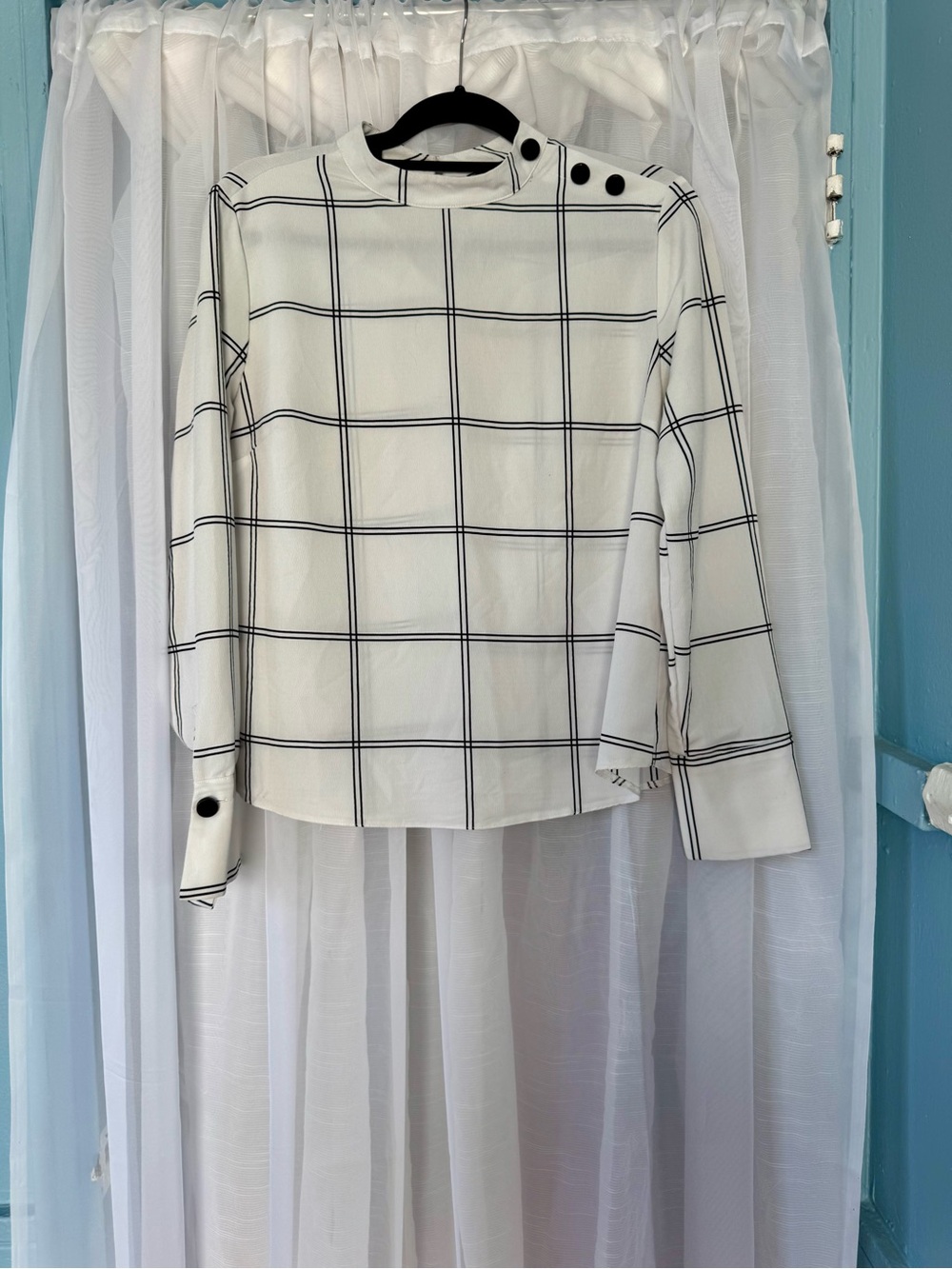 Primark White Blouse with Black Windowpane Stripes